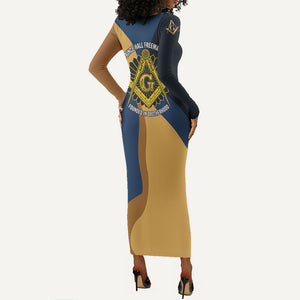 Prince Hall Freemasonry Long Sleeve Bodycon Dress Square and Compasses Gold Blue Geometric
