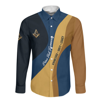 Prince Hall Freemasonry Long Sleeve Button Shirt Square and Compasses Gold Blue Geometric