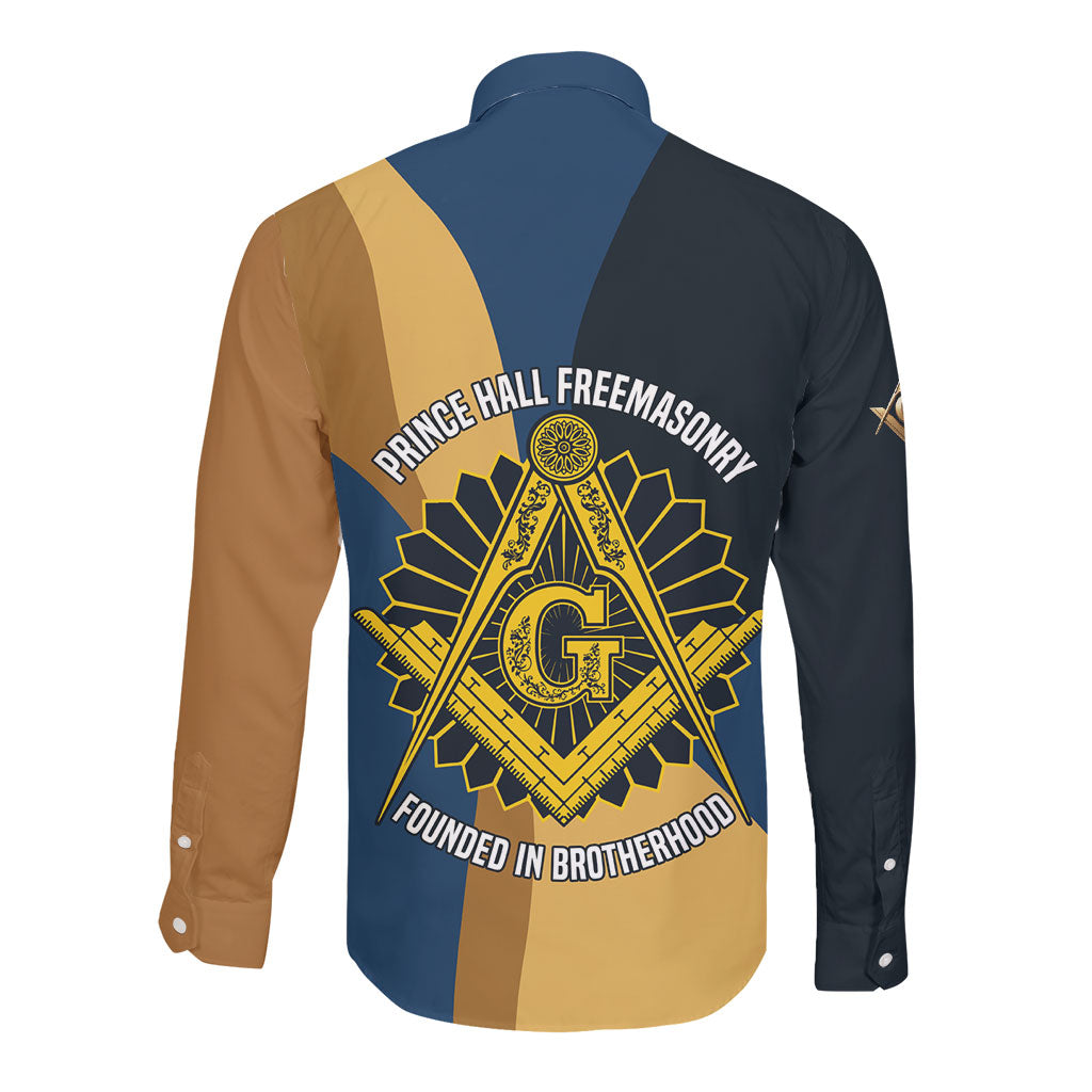 Prince Hall Freemasonry Long Sleeve Button Shirt Square and Compasses Gold Blue Geometric