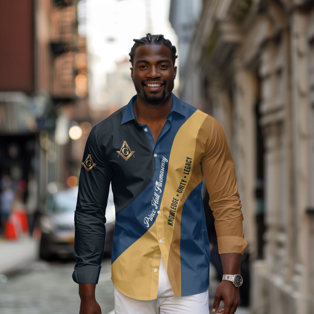 Prince Hall Freemasonry Long Sleeve Button Shirt Square and Compasses Gold Blue Geometric