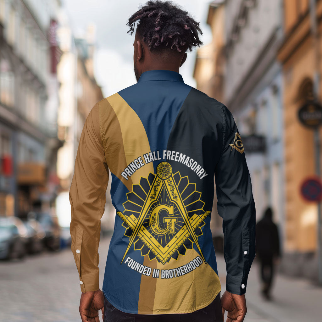 Prince Hall Freemasonry Long Sleeve Button Shirt Square and Compasses Gold Blue Geometric