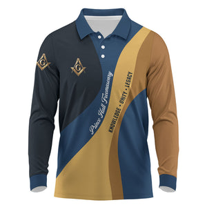 Prince Hall Freemasonry Long Sleeve Polo Shirt Square and Compasses Gold Blue Geometric