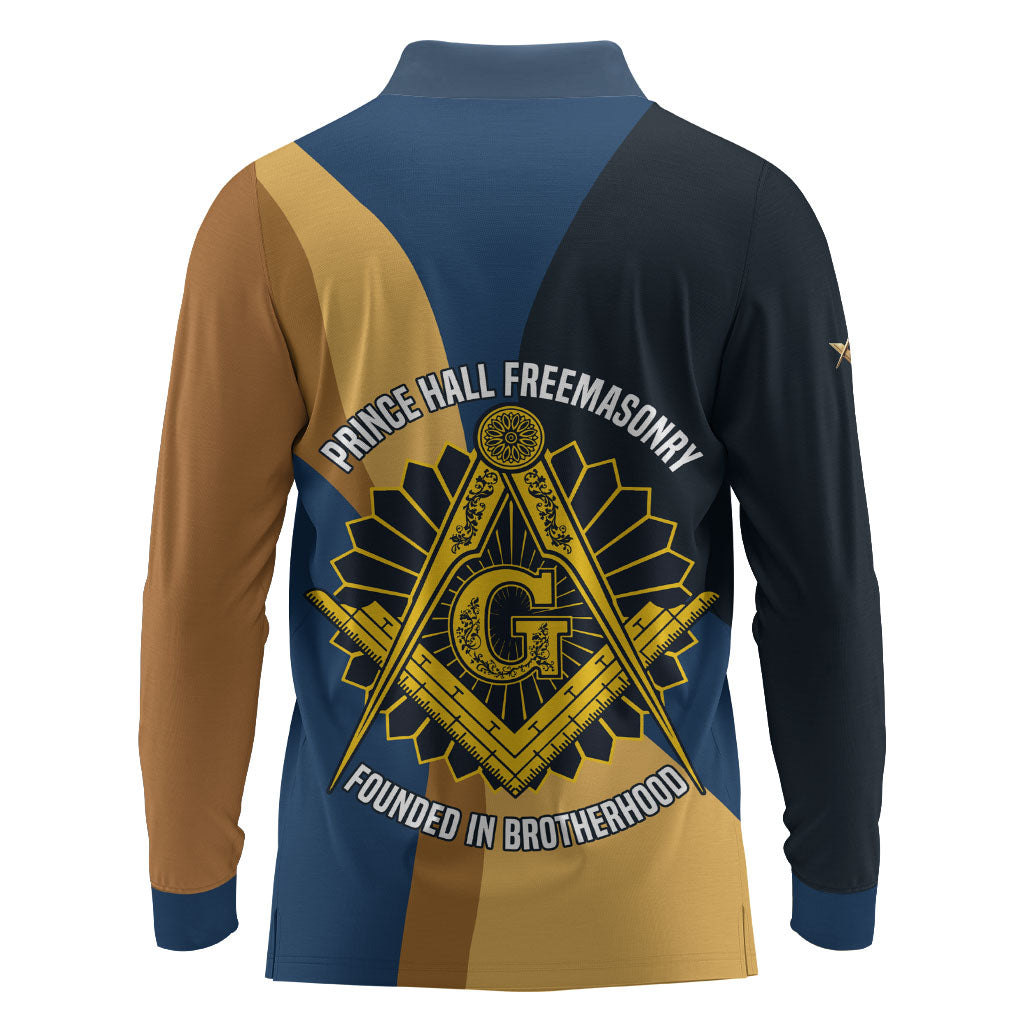 Prince Hall Freemasonry Long Sleeve Polo Shirt Square and Compasses Gold Blue Geometric