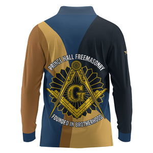 Prince Hall Freemasonry Long Sleeve Polo Shirt Square and Compasses Gold Blue Geometric
