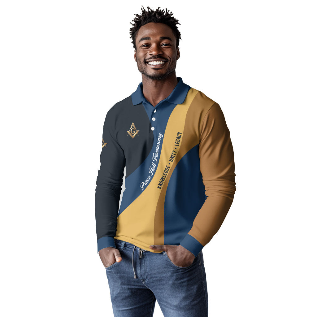 Prince Hall Freemasonry Long Sleeve Polo Shirt Square and Compasses Gold Blue Geometric