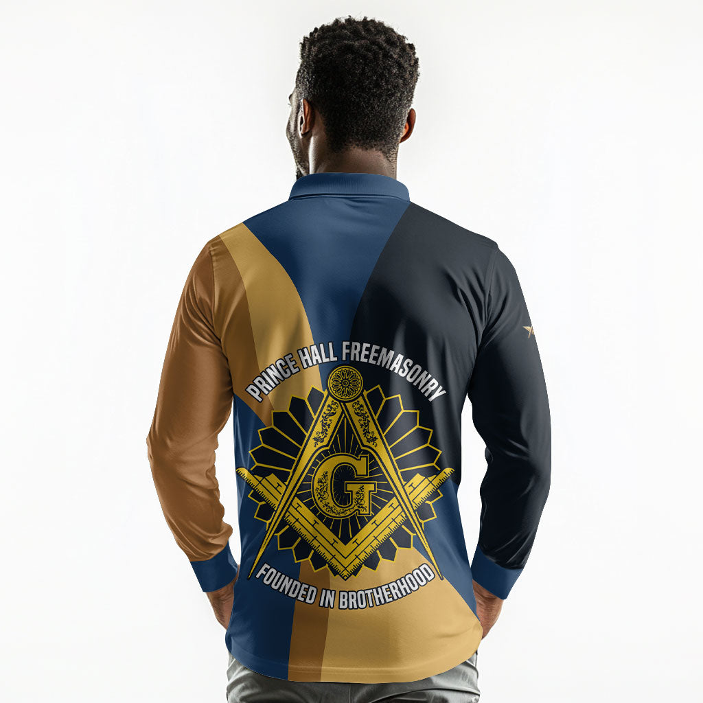 Prince Hall Freemasonry Long Sleeve Polo Shirt Square and Compasses Gold Blue Geometric