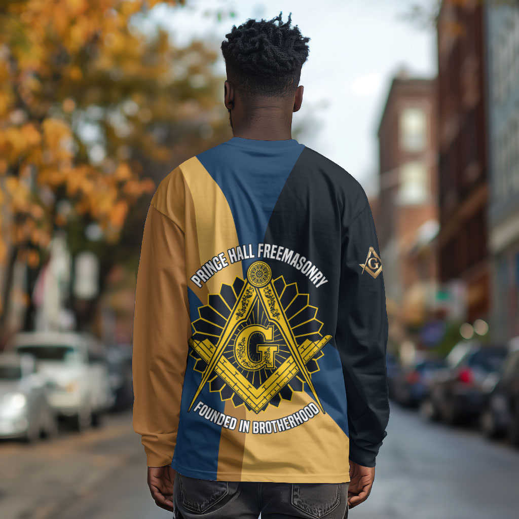 Prince Hall Freemasonry Long Sleeve Shirt Square and Compasses Gold Blue Geometric