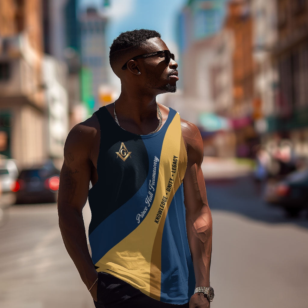 Prince Hall Freemasonry Men Tank Top Square and Compasses Gold Blue Geometric