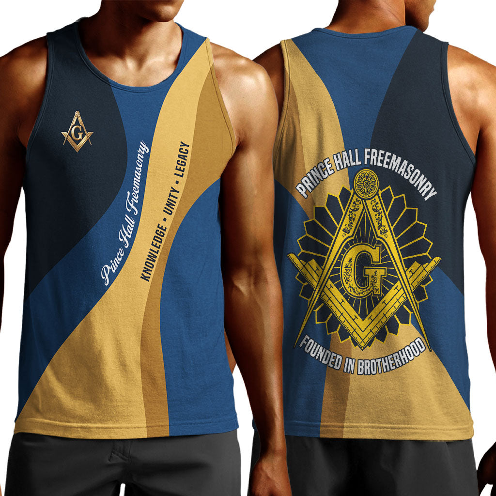 Prince Hall Freemasonry Men Tank Top Square and Compasses Gold Blue Geometric