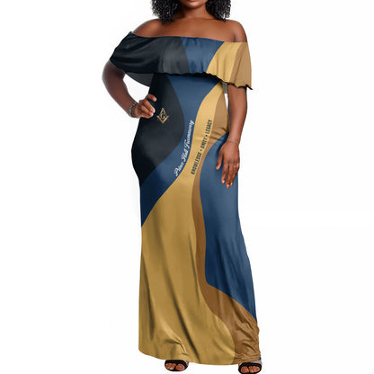 Prince Hall Freemasonry Off Shoulder Maxi Dress Square and Compasses Gold Blue Geometric