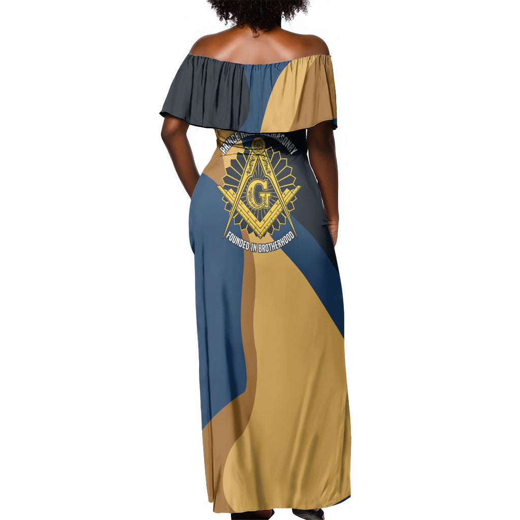 Prince Hall Freemasonry Off Shoulder Maxi Dress Square and Compasses Gold Blue Geometric