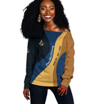 Prince Hall Freemasonry Off Shoulder Sweater Square and Compasses Gold Blue Geometric