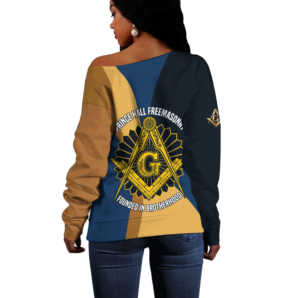 Prince Hall Freemasonry Off Shoulder Sweater Square and Compasses Gold Blue Geometric