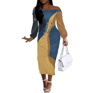 Prince Hall Freemasonry Off The Shoulder Long Sleeve Dress Square and Compasses Gold Blue Geometric