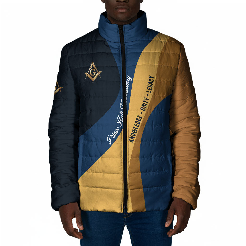 Prince Hall Freemasonry Padded Jacket Square and Compasses Gold Blue Geometric