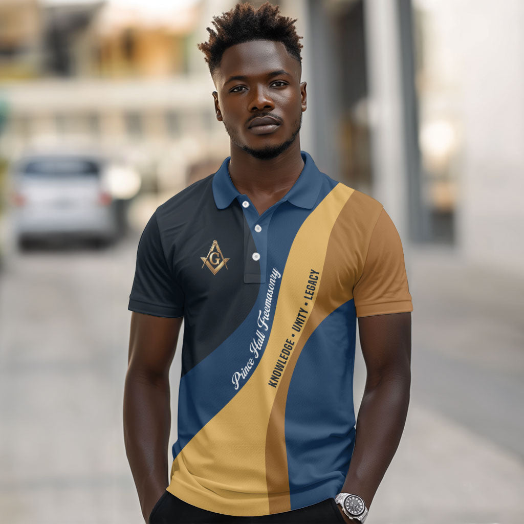 Prince Hall Freemasonry Polo Shirt Square and Compasses Gold Blue Geometric