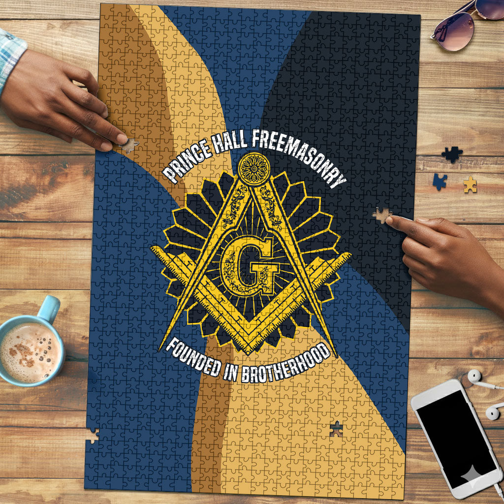 Prince Hall Freemasonry Puzzle Square and Compasses Gold Blue Geometric