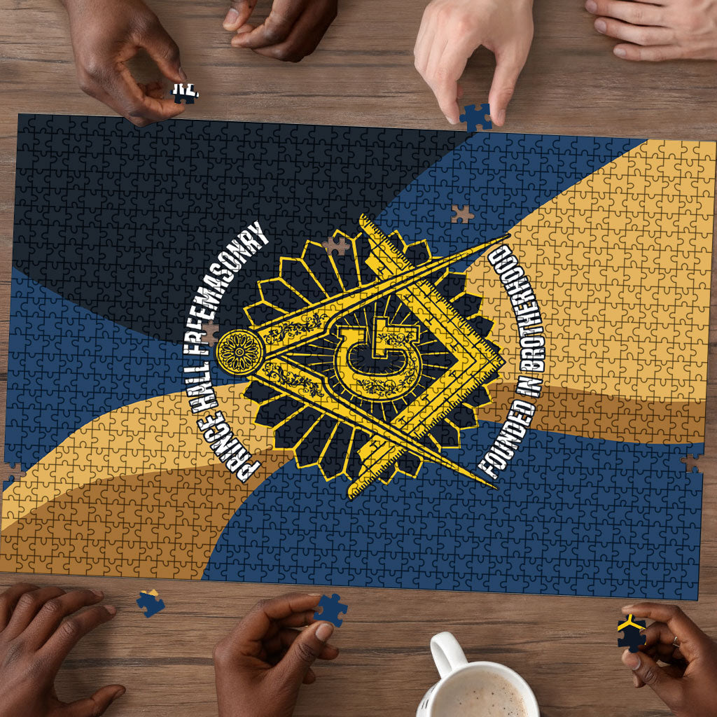 Prince Hall Freemasonry Puzzle Square and Compasses Gold Blue Geometric