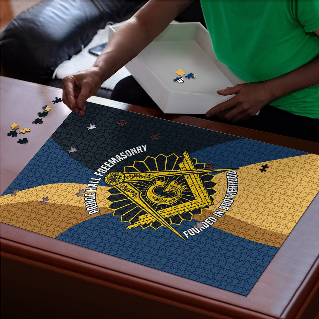 Prince Hall Freemasonry Puzzle Square and Compasses Gold Blue Geometric