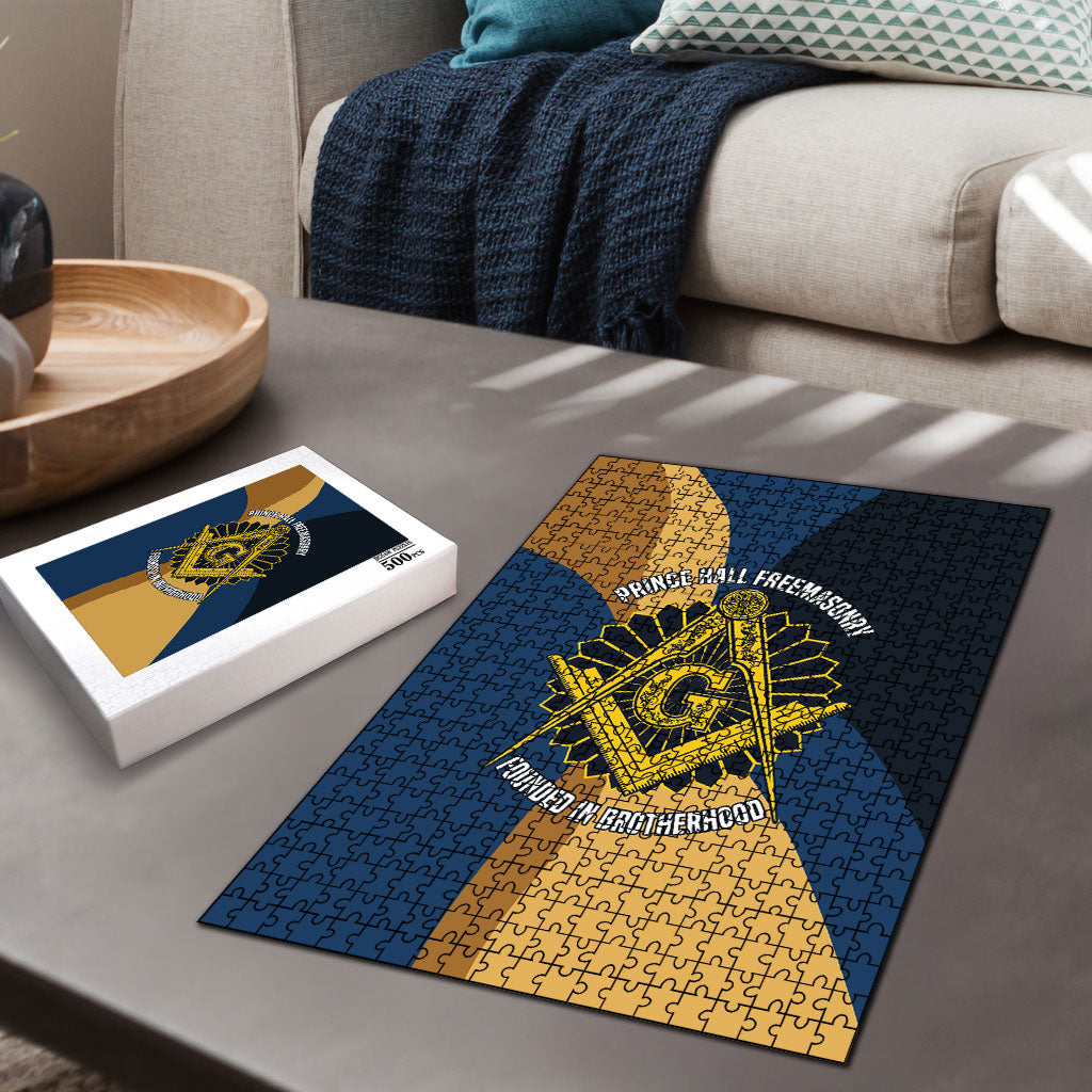 Prince Hall Freemasonry Puzzle Square and Compasses Gold Blue Geometric