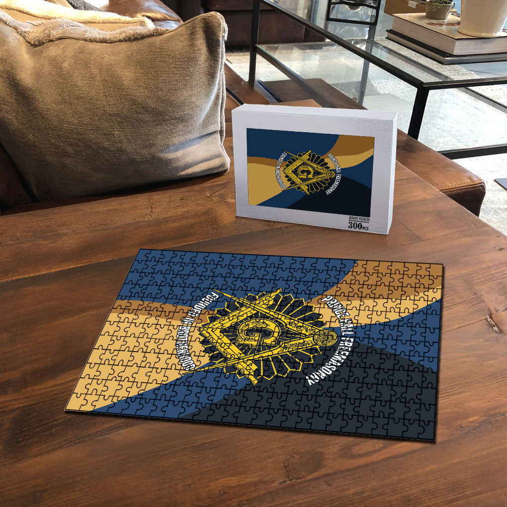 Prince Hall Freemasonry Puzzle Square and Compasses Gold Blue Geometric
