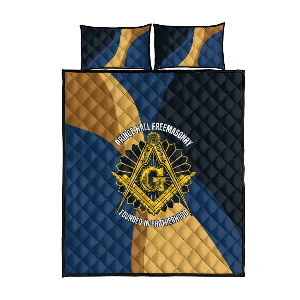 Prince Hall Freemasonry Quilt Bed Set Square and Compasses Gold Blue Geometric