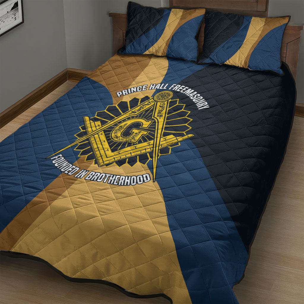 Prince Hall Freemasonry Quilt Bed Set Square and Compasses Gold Blue Geometric