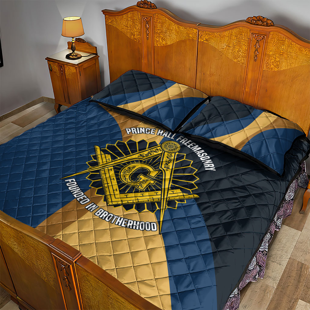 Prince Hall Freemasonry Quilt Bed Set Square and Compasses Gold Blue Geometric