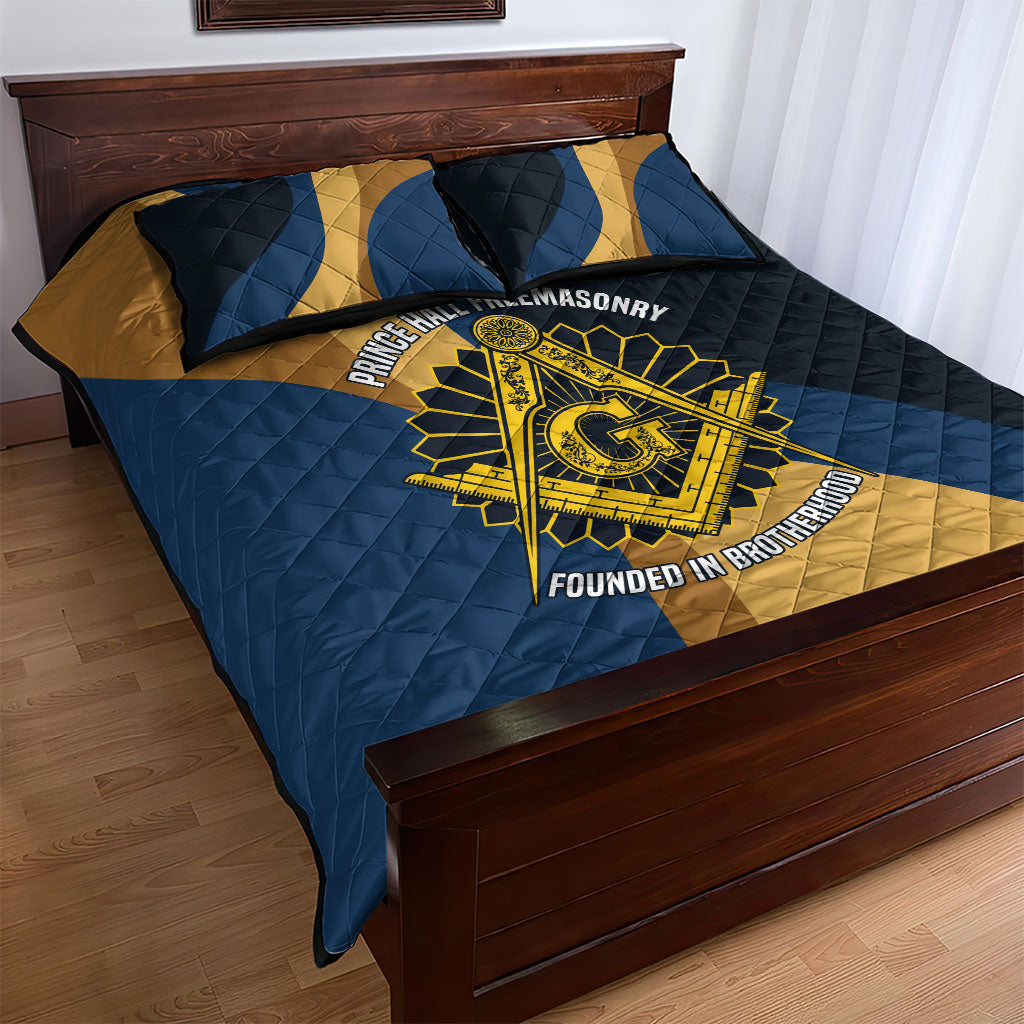 Prince Hall Freemasonry Quilt Bed Set Square and Compasses Gold Blue Geometric