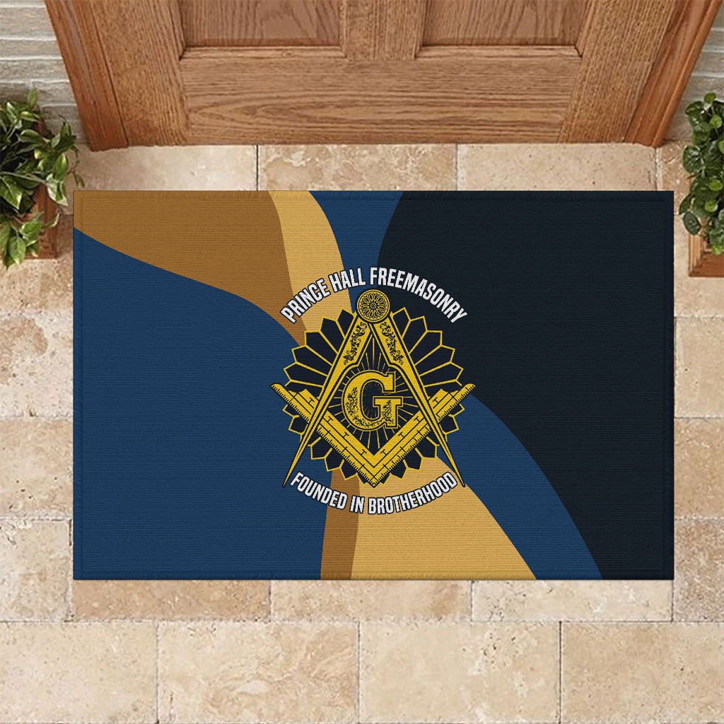 Prince Hall Freemasonry Rubber Doormat Square and Compasses Gold Blue Geometric