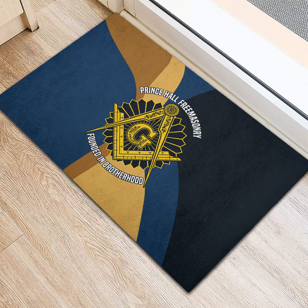 Prince Hall Freemasonry Rubber Doormat Square and Compasses Gold Blue Geometric