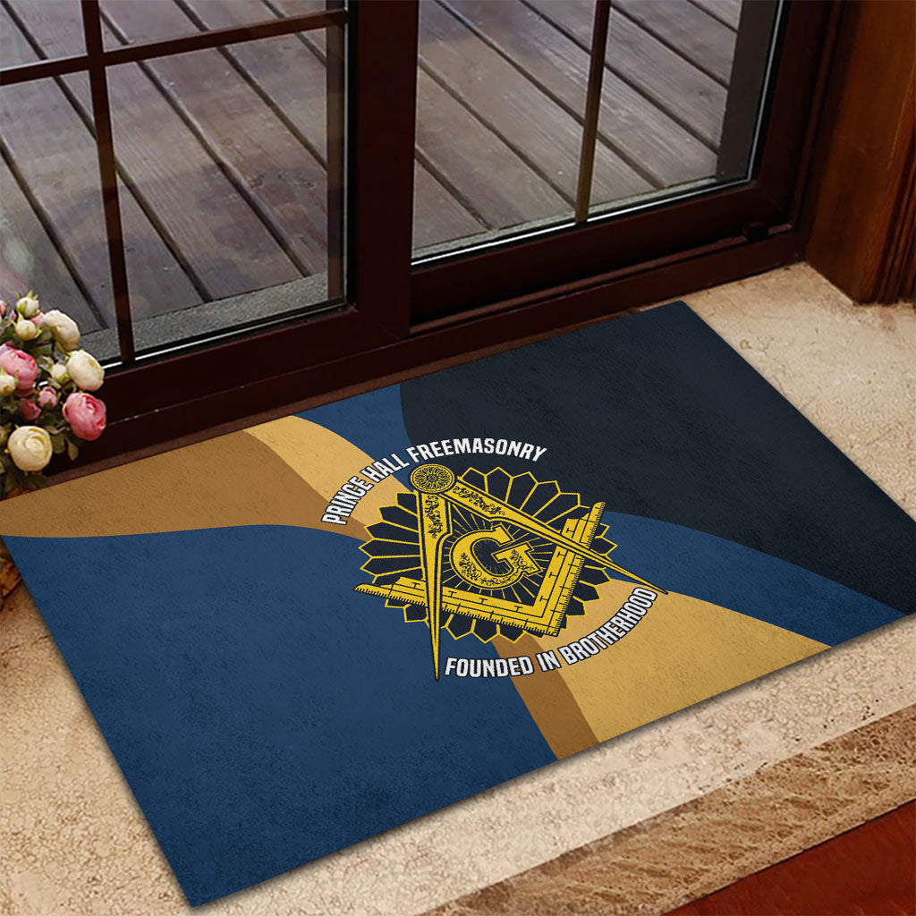 Prince Hall Freemasonry Rubber Doormat Square and Compasses Gold Blue Geometric