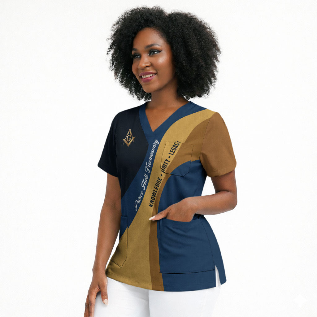 Prince Hall Freemasonry Scrub Top Square and Compasses Gold Blue Geometric