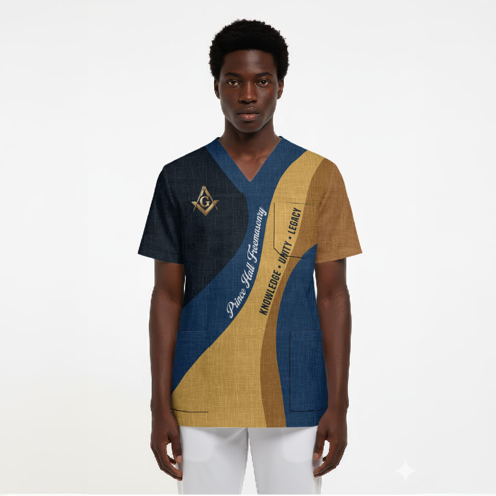 Prince Hall Freemasonry Scrub Top Square and Compasses Gold Blue Geometric
