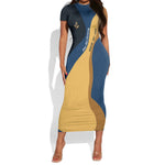 Prince Hall Freemasonry Short Sleeve Bodycon Dress Square and Compasses Gold Blue Geometric