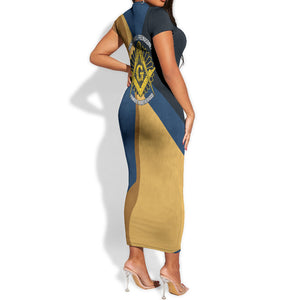 Prince Hall Freemasonry Short Sleeve Bodycon Dress Square and Compasses Gold Blue Geometric