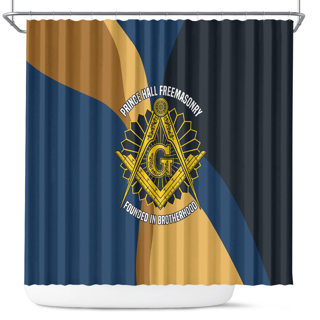 Prince Hall Freemasonry Shower Curtain Square and Compasses Gold Blue Geometric
