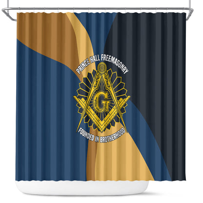 Prince Hall Freemasonry Shower Curtain Square and Compasses Gold Blue Geometric
