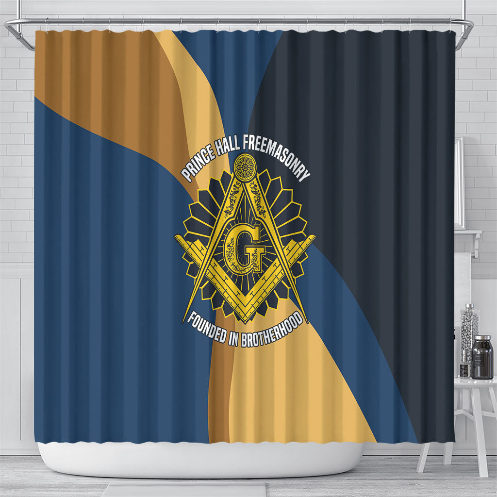Prince Hall Freemasonry Shower Curtain Square and Compasses Gold Blue Geometric