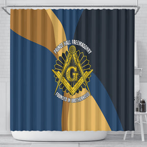 Prince Hall Freemasonry Shower Curtain Square and Compasses Gold Blue Geometric