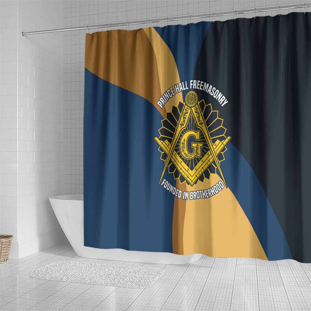 Prince Hall Freemasonry Shower Curtain Square and Compasses Gold Blue Geometric