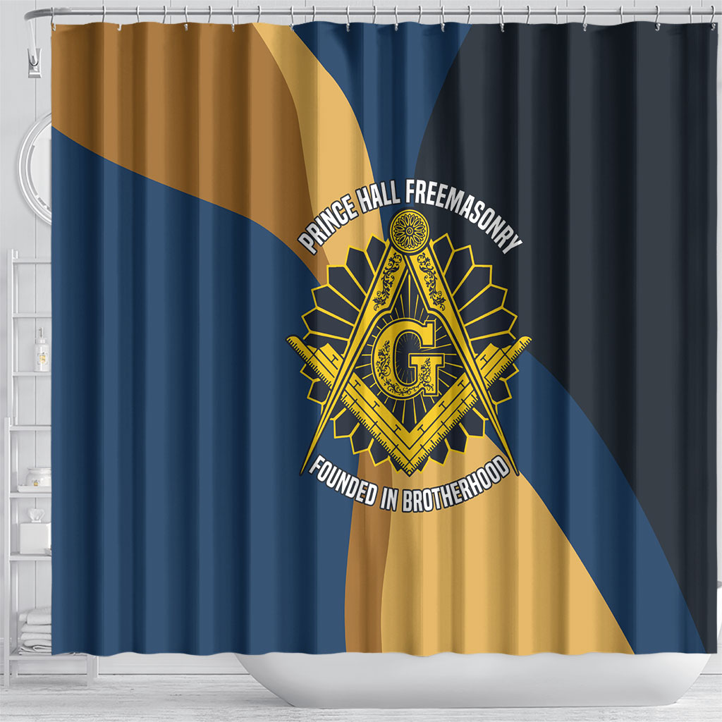 Prince Hall Freemasonry Shower Curtain Square and Compasses Gold Blue Geometric