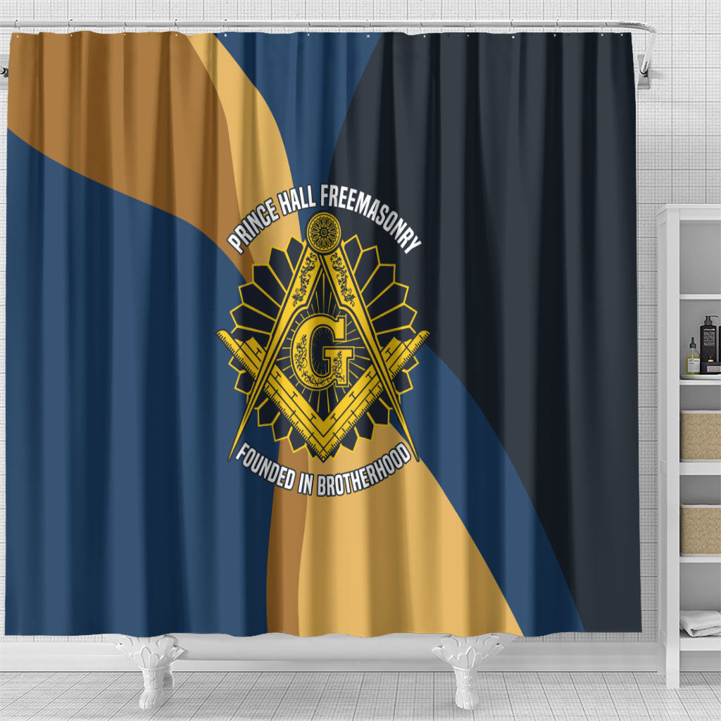Prince Hall Freemasonry Shower Curtain Square and Compasses Gold Blue Geometric