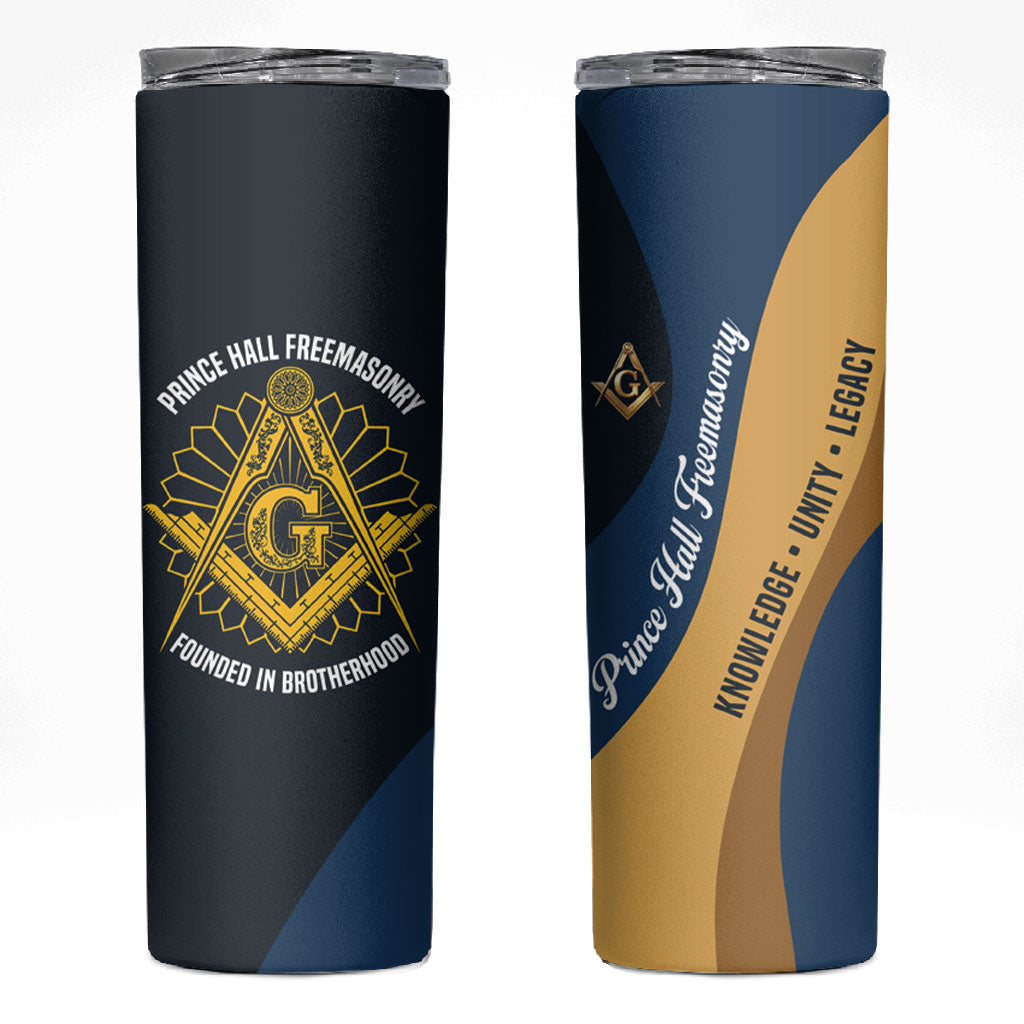 Prince Hall Freemasonry Skinny Tumbler Square and Compasses Gold Blue Geometric