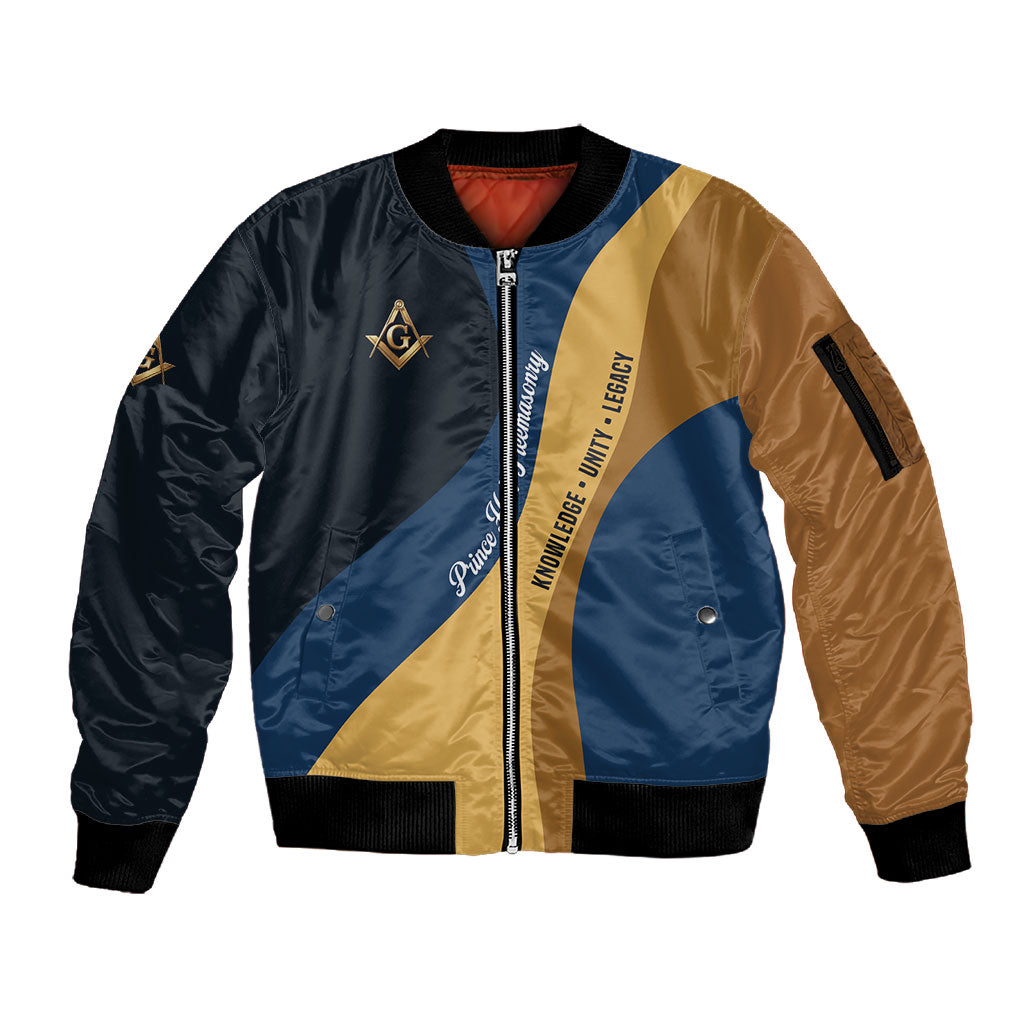 Prince Hall Freemasonry Sleeve Zip Bomber Jacket Square and Compasses Gold Blue Geometric