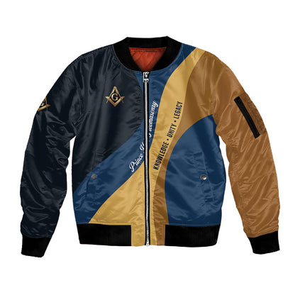 Prince Hall Freemasonry Sleeve Zip Bomber Jacket Square and Compasses Gold Blue Geometric