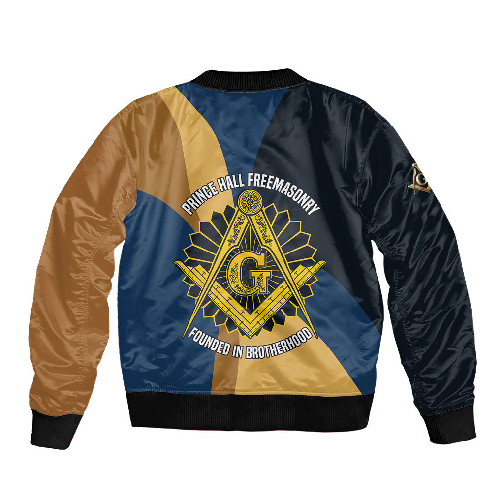Prince Hall Freemasonry Sleeve Zip Bomber Jacket Square and Compasses Gold Blue Geometric
