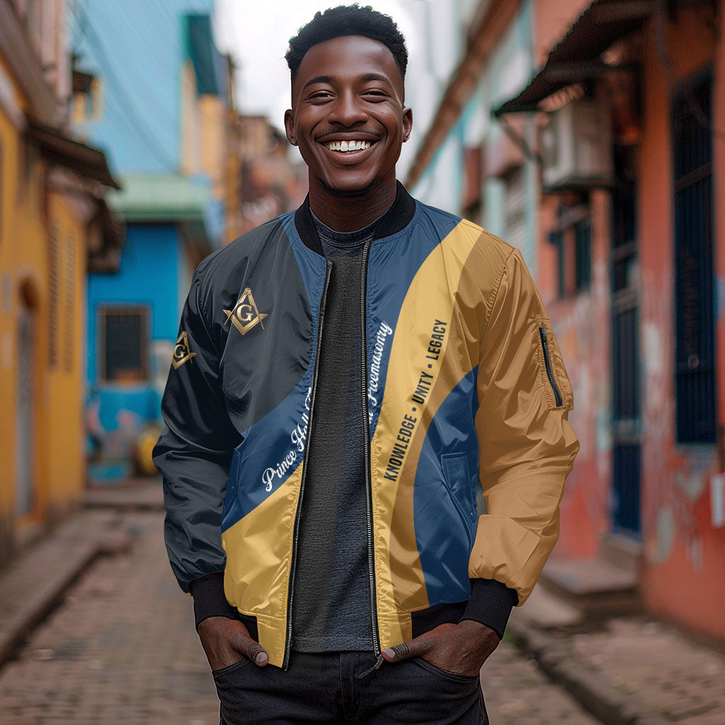 Prince Hall Freemasonry Sleeve Zip Bomber Jacket Square and Compasses Gold Blue Geometric
