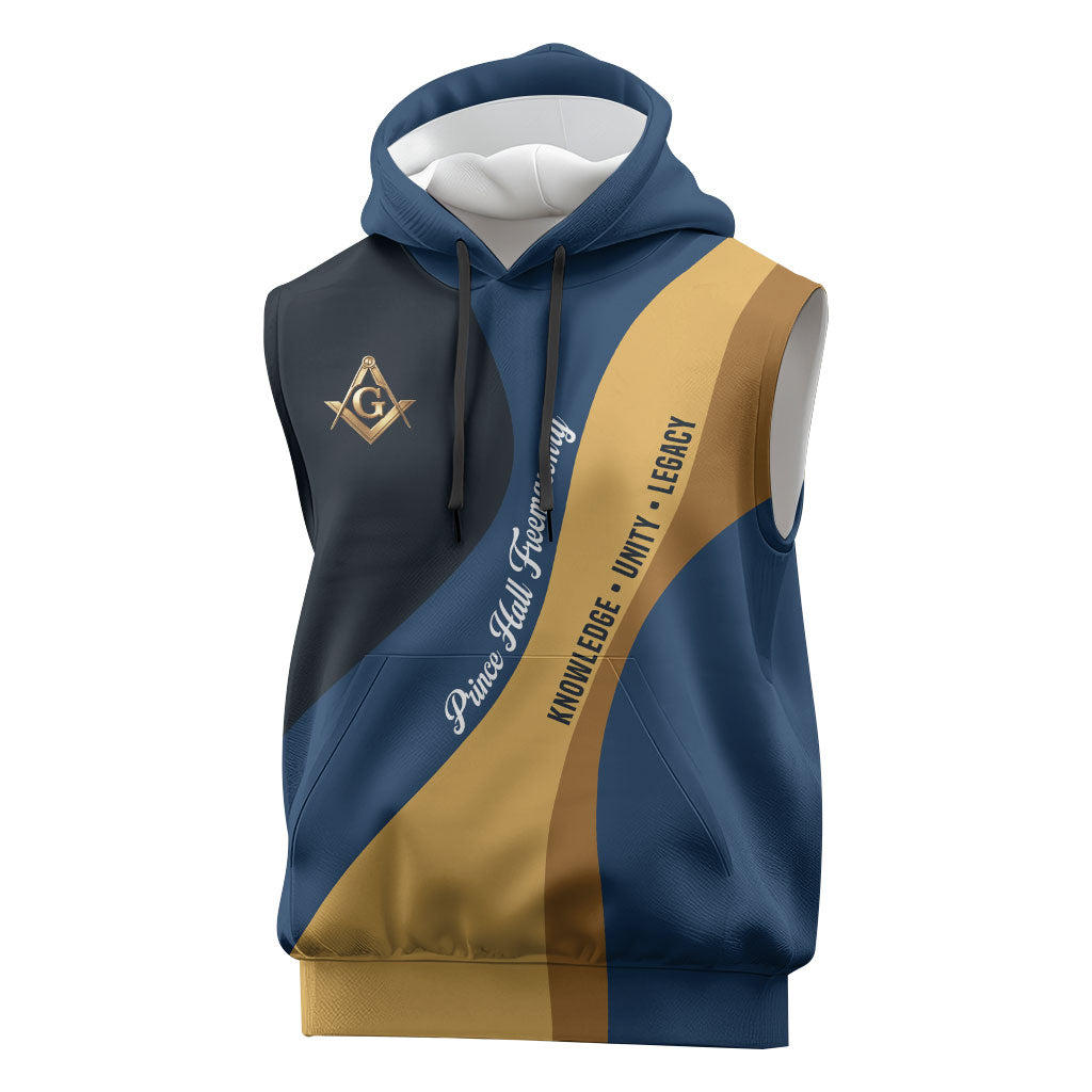 Prince Hall Freemasonry Sleeveless Hoodie Square and Compasses Gold Blue Geometric