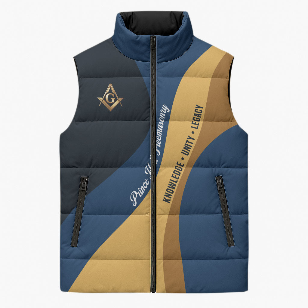 Prince Hall Freemasonry Sleeveless Puffer Jacket Square and Compasses Gold Blue Geometric